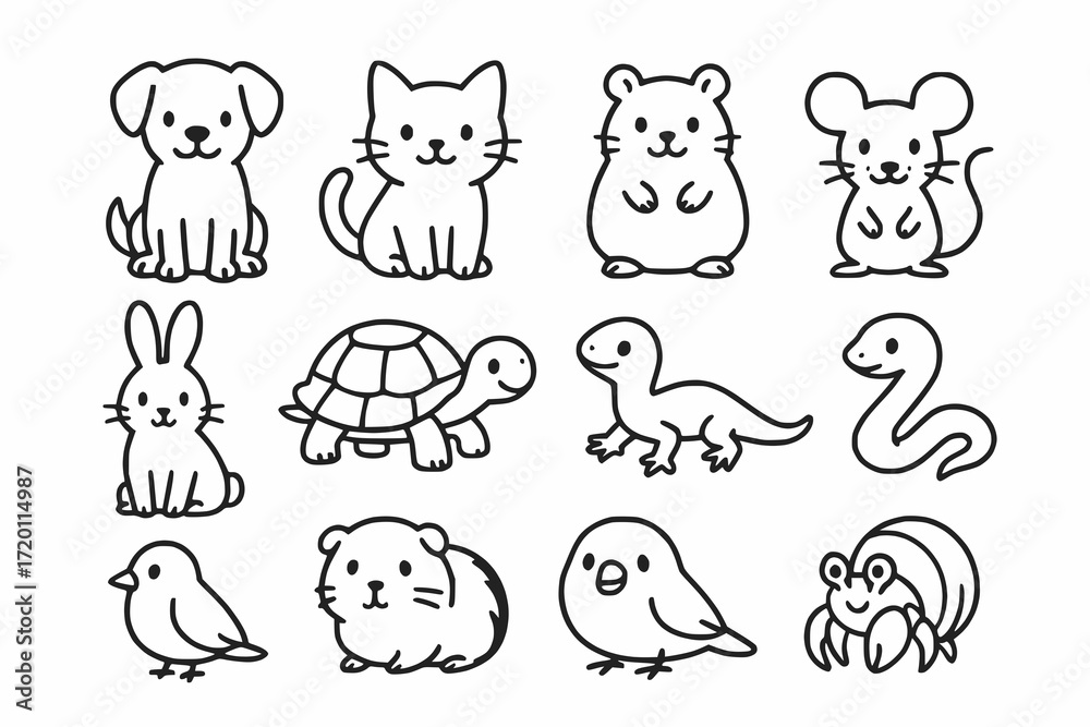 Obraz premium Cute Pet Icon Set in Minimal Black Line Art Style with Playful Cartoon Illustrations