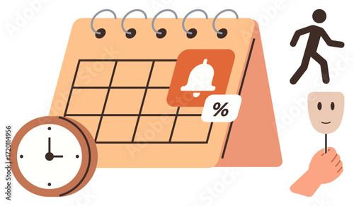 Calendar with a notification icon, analog clock, walking figure, and hand holding a mask. Ideal for time planning, organization, reminders, work-life balance, productivity scheduling