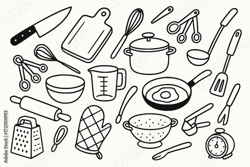 Hand-Drawn Kitchen Utensil Icon Set in Black-and-White Doodle Style for Culinary Designs