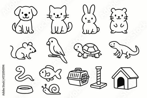 Cute Pet Illustration Icon Set in Minimal Black Line Art Style on White Background