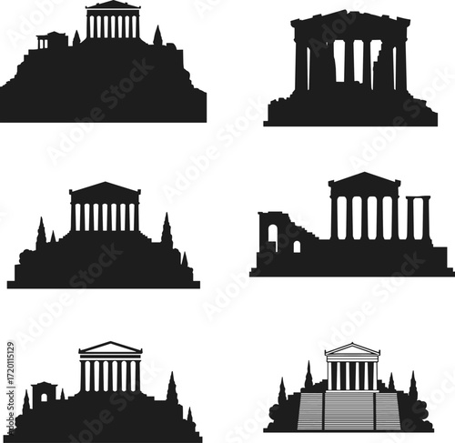 This vector silhouette collection of the Parthenon temple on the Acropolis, a famous landmark of Athens, showcases iconic ancient Greek architecture styles