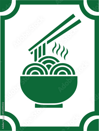 Green stylized illustration of a bowl of noodles with chopsticks and rising steam, framed in a decorative border.
