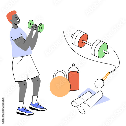 Man exercising with dumbbells and workout equipment illustration