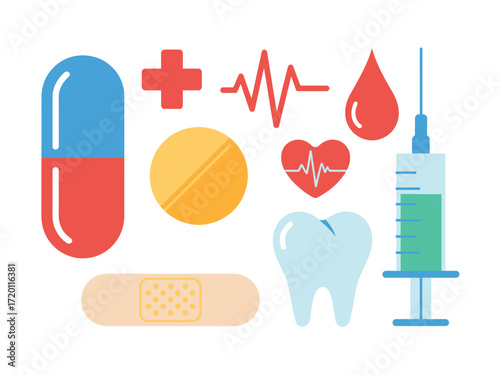 Healthcare Icons Medical Symbols Pill Capsule Bandage Syringe.