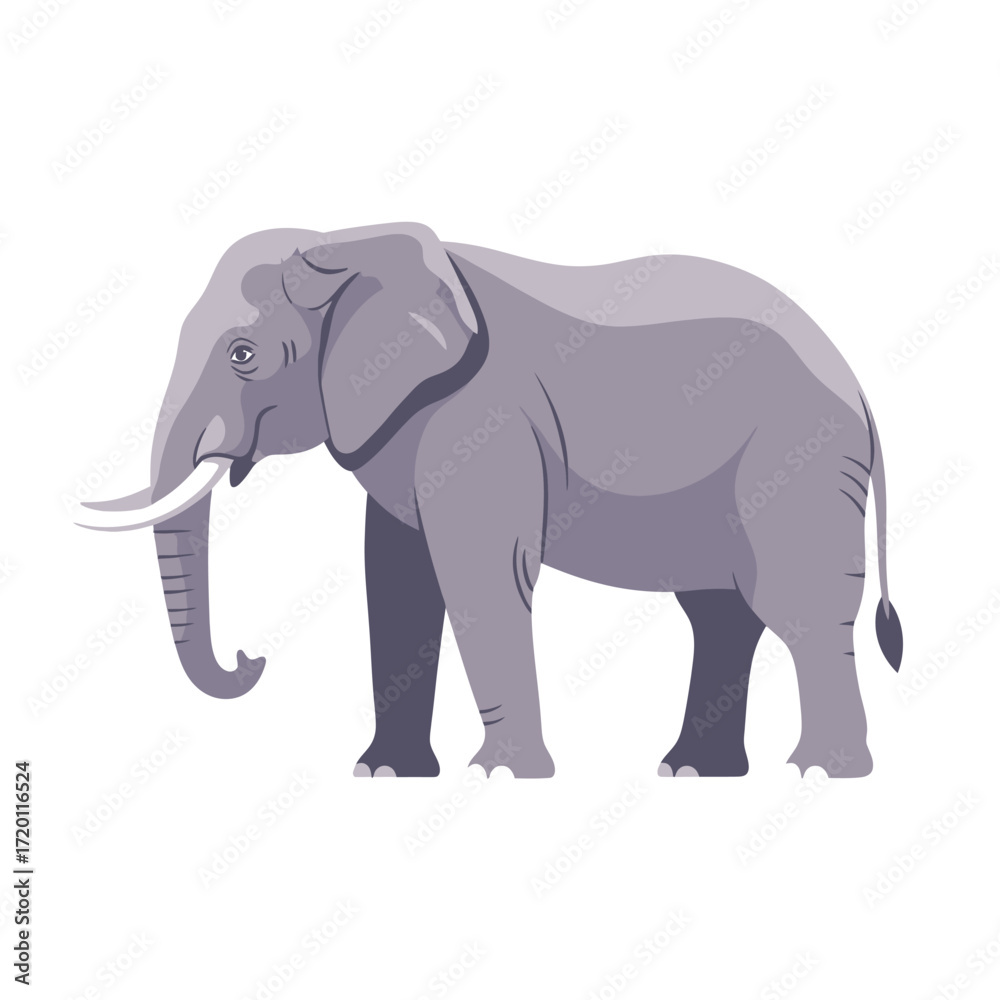 Fototapeta premium Flat design vector illustration of a grey elephant with prominent tusks, depicted in a side view, isolated on a white background, representing wildlife