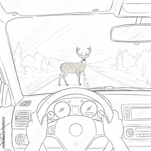Deer standing on road in front of driver in car during daytime  
