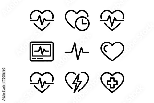 Heart Rate Monitor Icons Set Medical Healthcare Line Art.