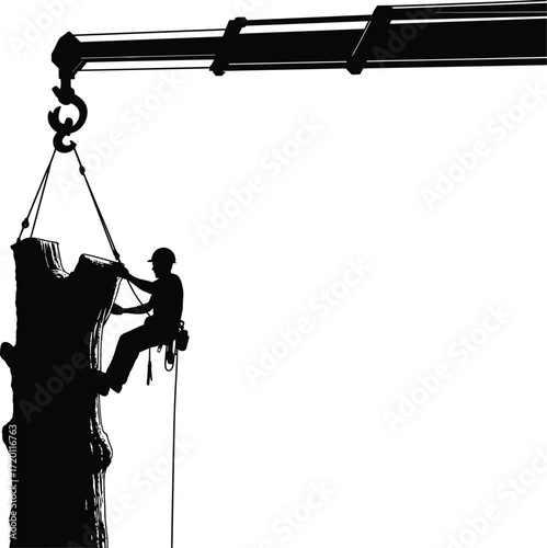 Arborist cutting tree with chainsaw, tree removal service, professional tree care, crane assistance, safety harness, forestry worker, climbing gear, outdoor labor, tree trimming, urban landscaping