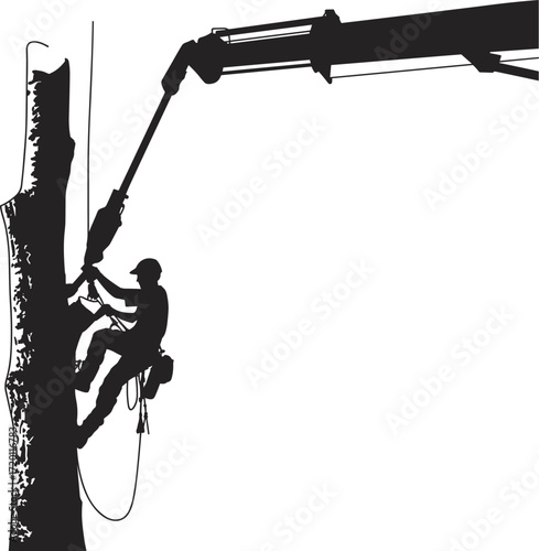 Arborist cutting tree with chainsaw, tree removal service, professional tree care, crane assistance, safety harness, forestry worker, climbing gear, outdoor labor, tree trimming, urban landscaping