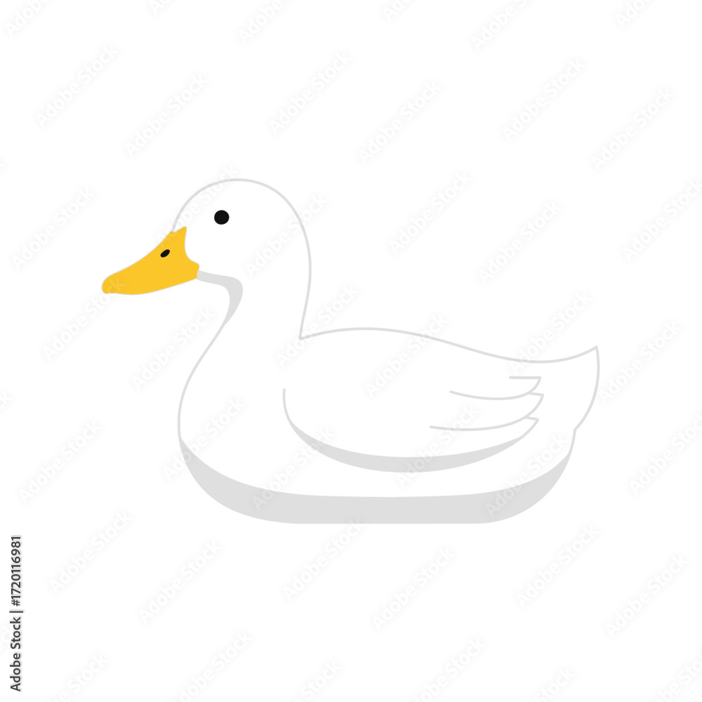Obraz premium Delightful flat design illustration featuring a serene white duck with a yellow beak, ideal for educational resources, playful digital graphics, or cute animal-themed projects