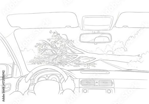 Tree branch blocking view from car interior during road trip  