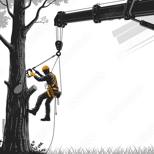 Arborist cutting tree with chainsaw, tree removal service, professional tree care, crane assistance, safety harness, forestry worker, climbing gear, outdoor labor, tree trimming, urban landscaping