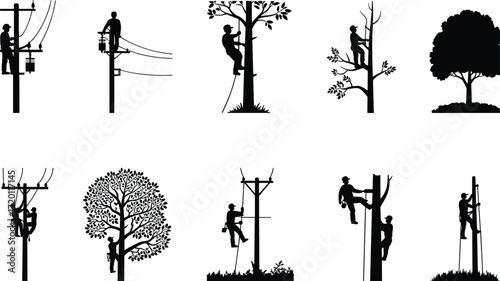 Electrician climbing utility pole, tree climber silhouette, power line worker, arborist on tree, safety harness, outdoor labor, maintenance worker, rope access, electrical repair, forestry service