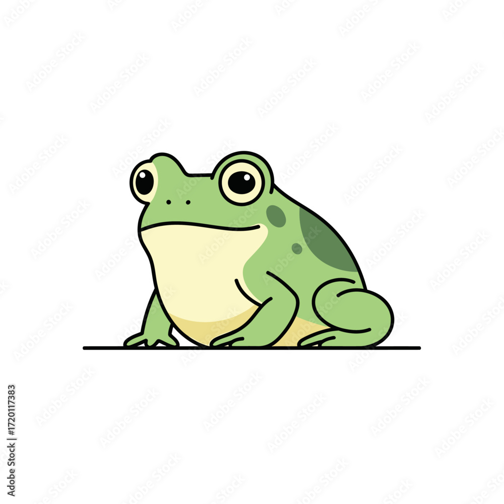 Obraz premium Charming cartoon illustration of a cute green frog with big eyes, sitting on a flat surface, perfect for educational materials and nature-themed designs
