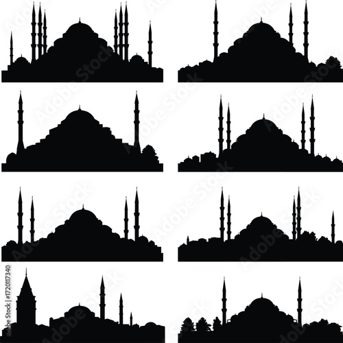 A vector set of Istanbul skyline silhouettes, this collection features famous Turkish landmarks, including the Blue Mosque and iconic examples of Islamic architecture