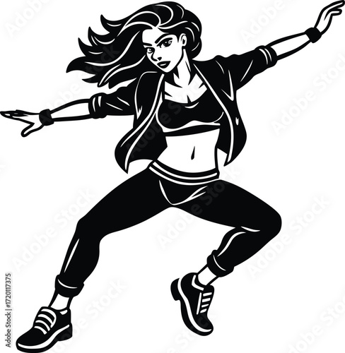 Running silhouette of a female soccer player in a red dress with a ball, beauty, passion, focus, power