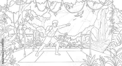Boxer Training in a Jungle Setting with Lush Vegetation, Waterfall and an Open Ring
