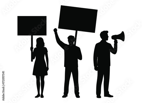 Protestors holding signs and megaphone silhouette