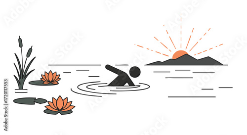 Minimalist line art illustration of a person wild swimming in a lake or pond with water lilies at sunrise