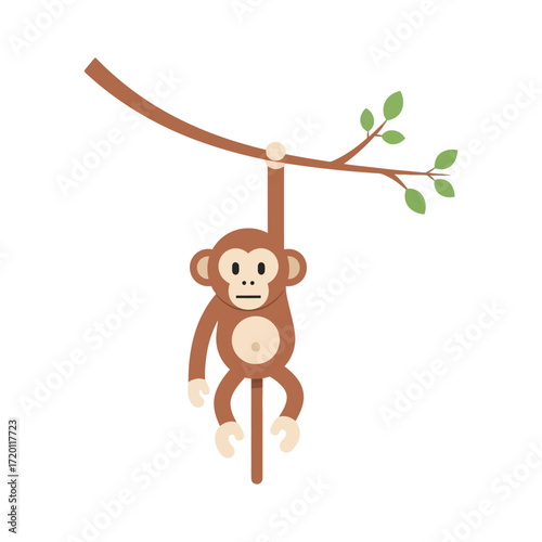 Playful cartoon monkey character hanging from a tree branch. A cute and simple flat design concept for wildlife and nature illustration