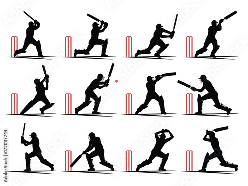 Cricket player batting action poses silhouette