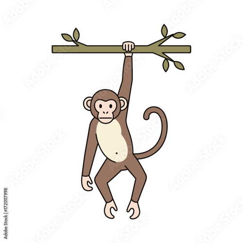 Cute Cartoon Monkey Hanging From a Branch Illustration of a Playful Primates