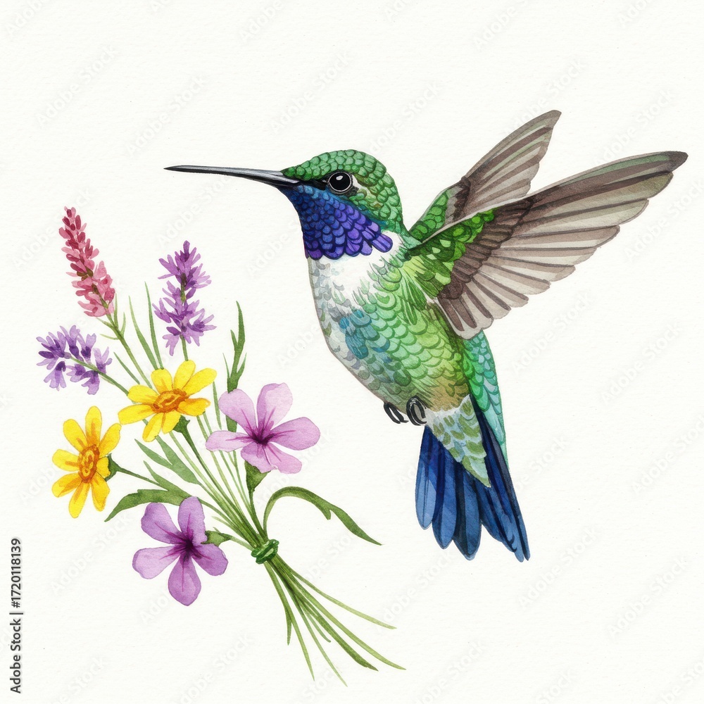 Fototapeta premium Watercolor painting of a hummingbird hovering near a bouquet of wildflowers isolated on white background