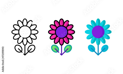 A set of three vector illustrations of a simple flower with a long stem and two leaves. The designs are in a clean, flat style with a minimalist aesthetic. One is an outline icon, while the other two