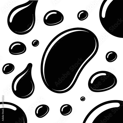 Abstract pattern of glossy black droplets on white background