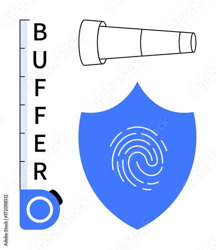 Shield with fingerprint, extended telescope, and buffer gauge combining ideas of security, exploration, and balance. Ideal for protection, innovation, technology, capacity focus privacy