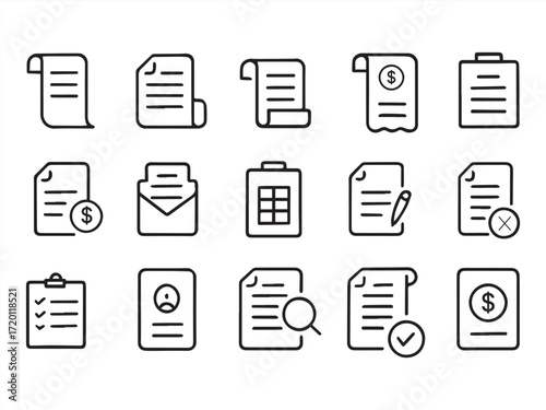 Web vector icons for Invoice, bill, receipt, tax and payment concept editable stroke outline. A icons set  a black document and business office file set.