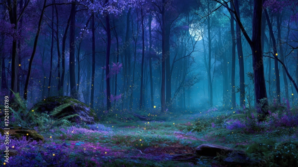 Obraz premium A magical nighttime scene of a misty forest, with a path leading through vibrant purple and blue foliage. Glowing fireflies and mystical lights create an enchanting, fairytale atmosphere