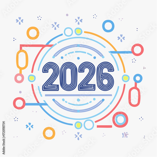 Modern thin line art illustration of the year 2026 with a futuristic technology and network celebration concept