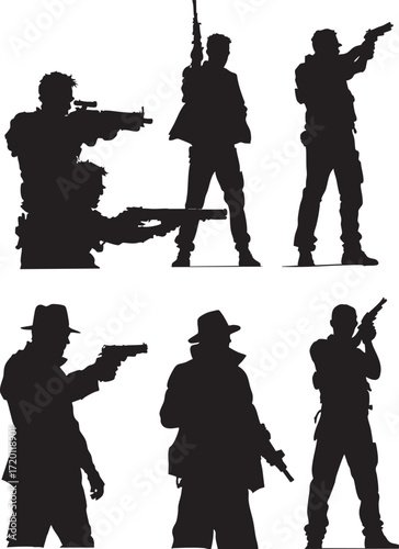 Silhouette figures holding guns in various poses against a white background in a graphic style