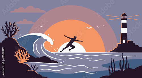 Coastal Leap Man Jumping Wave at Sunset Near Lighthouse Illustration