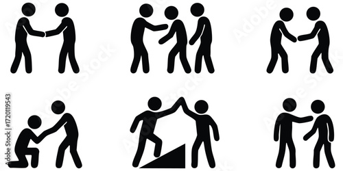 Stickman silhouette set of teamwork and support poses showing friendship, cooperation, helping, and group social interaction