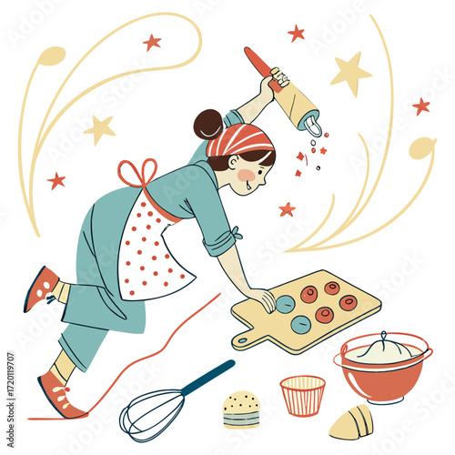 Woman happily decorating cupcakes with frosting and sprinkles