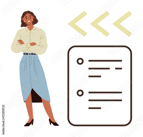 Woman in a business outfit standing beside a document panel with bullet points and arrows. Ideal for teamwork, presentation, organization, goal-setting, leadership, management, simple flat metaphor