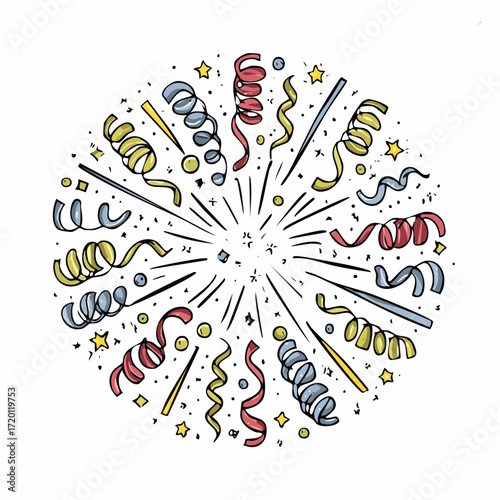 Colorful hand-drawn festive explosion of confetti and streamers, a joyful doodle for party celebration
