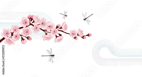 A delicate cherry blossom branch with three dragonflies flying around it.