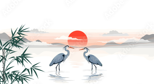 Two elegant herons stand facing each other in tranquil shallow water near a serene bamboo forest during a beautiful sunset.