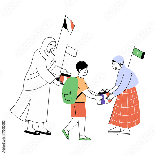 Children receiving gifts and flags from elders