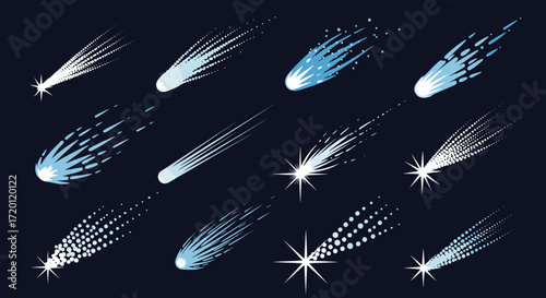 Collection of bright white and blue shooting stars and comets streaks across a dark night sky.