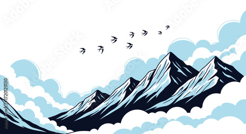 Majestic snow-capped mountains rise above swirling clouds with a flock of birds migrating across the clear blue sky.