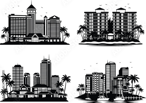 A set of tropical city skylines featuring palm trees, this vector illustration collection depicts modern coastal resorts, beach hotels, and waterfront buildings