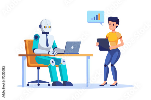 Artificial intelligence robot assisting office worker with laptop, boosting productivity, data analysis, teamwork, innovation, technology in modern workplace, vector cartoon illustration.ICON