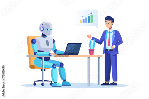Artificial intelligence robot assisting office worker with laptop, boosting productivity, data analysis, teamwork, innovation, technology in modern workplace, vector cartoon illustration.ICON