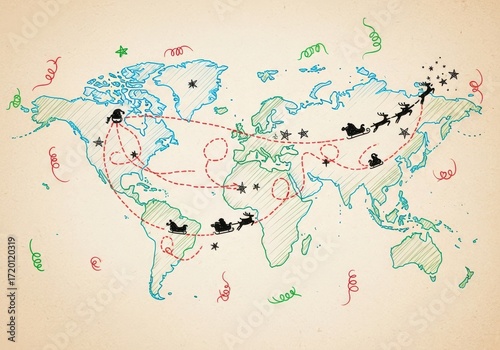 A handdrawn world map illustrating santas global christmas eve journey with a dotted red line and sleighs