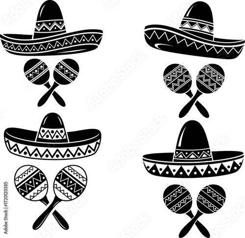 Black outline of a sombrero featuring decorative trim along with crossed maracas for a festive party logo