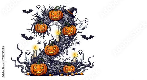 Halloween number two with pumpkins bats and ghosts.